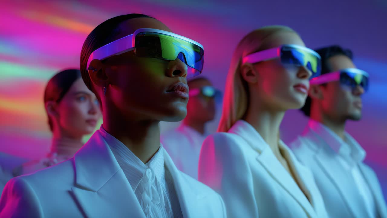 People wearing VR glasses in a futuristic setting