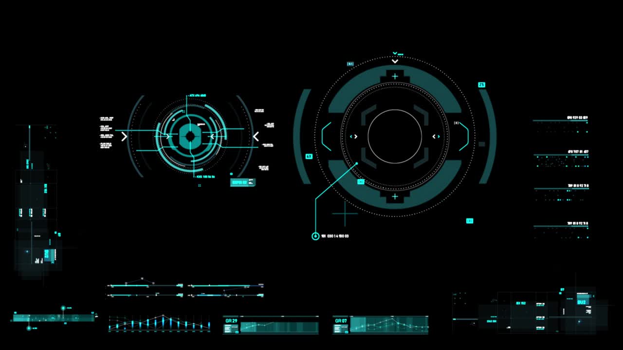 Target pointer and Futuristic user interface HUD GUI digital text number element for cyber technology concept with shallow depth of field dark and grain processed