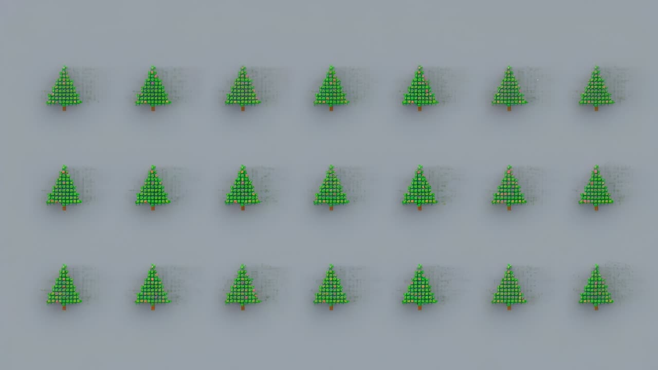 Zooming camera across evergreen tree grid, revealing ornaments and exiting to empty studio plane