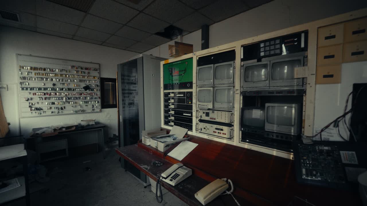 Abandoned Vintage Control Room with Old Monitors and Equipment