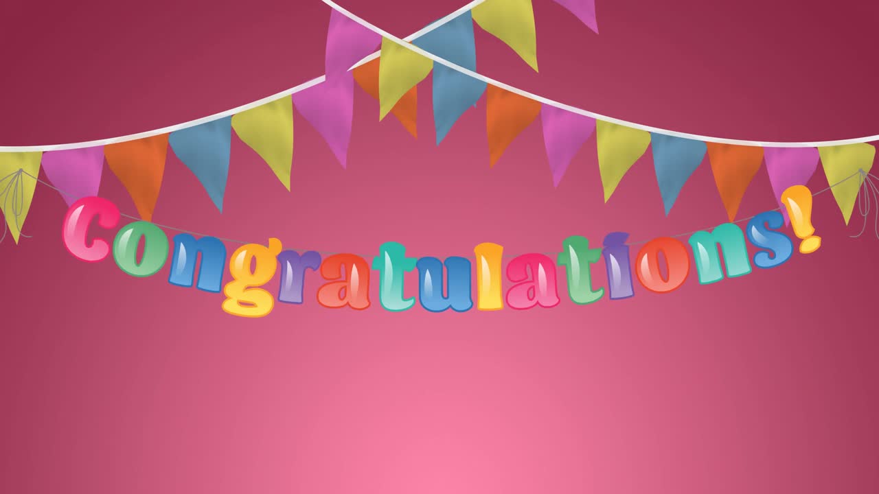 Animation of congratulations text in colourful letters with bunting on pink background
