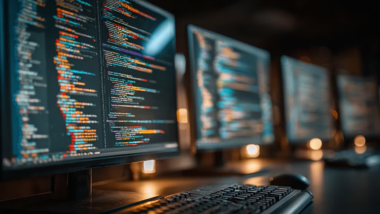 A Dynamic Workstation Setup Showcasing Multiple Monitors Displaying Colorful Lines of Code in a Modern Coding Environment with Dim Lighting