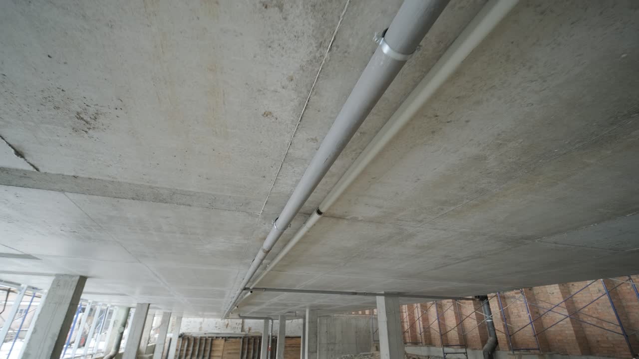 Costruzione di edifici. Condotti fognari sul soffitto.