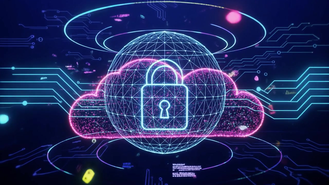 Digital Cloud Security Concept with Glowing Lock and Network Circuitry