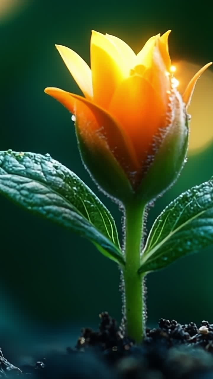 Flower blooming in soft light at dusk. A vibrant flower opens amidst dark soil, surrounded by soft glowing lights, creating a serene and magical atmosphere.
