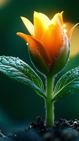 flower blooming in soft light at dusk. a vibrant flower opens amidst dark soil, surrounded by soft glowing lights, creating a serene and magical atmosphere.
