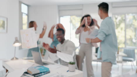 victory, celebrate and business people throw paper