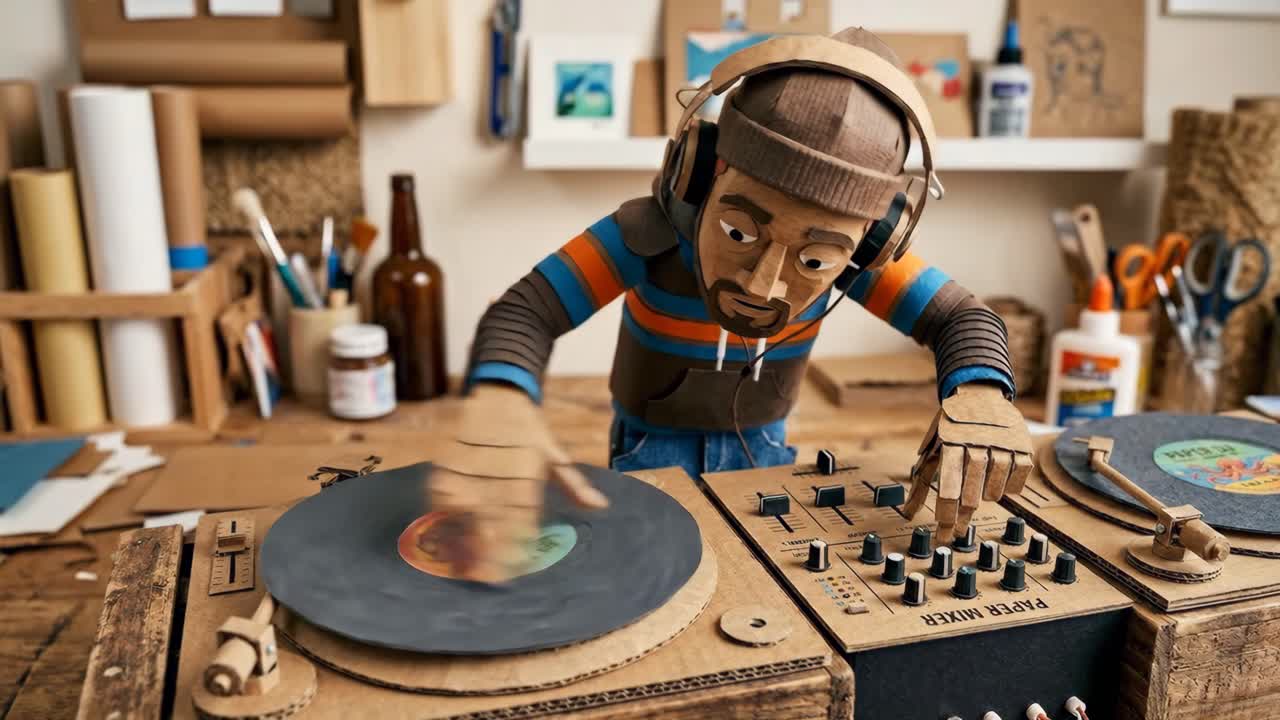 Marionetta DJ di cartone in stop motion che mixa musica sui giradischi