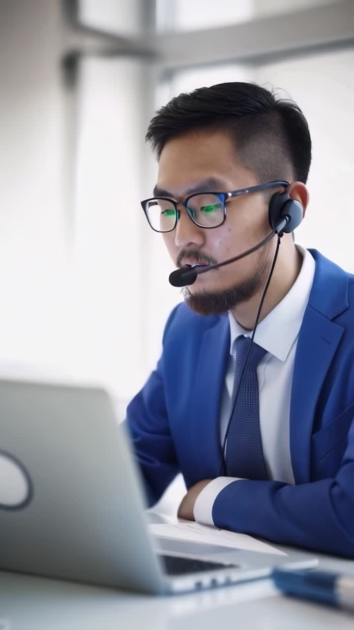 En asiatisk mann i blå dress og med hodesett som jobber på en datamaskin på kontor
