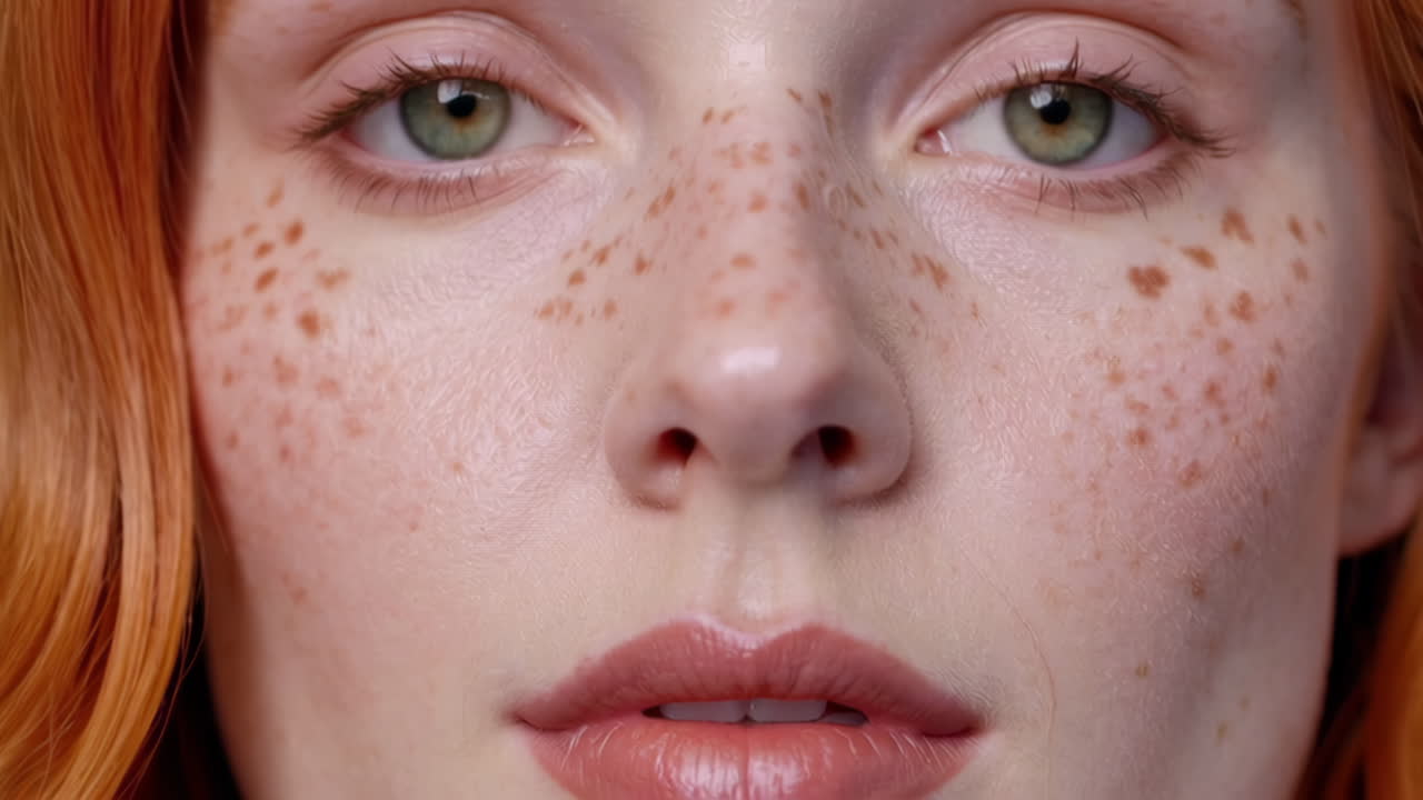 retrato en primer plano de una mujer con pecas y cabello rojo