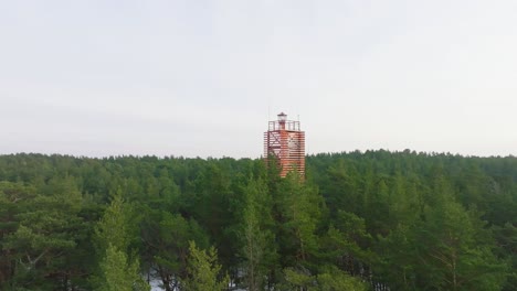 Vista-Aérea-Del-Faro-De-Bernati-Rodeado-Por-Un-Exuberante-Bosque-De-Pinos-Verdes-Con-Nieve-Ligera,-Bosque-Nórdico,-Costa-Del-Mar-Báltico,-Día-Soleado-De-Invierno,-Letonia,-Amplia-Toma-Ascendente-De-Drones