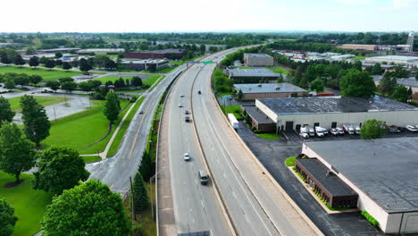 drone view of cars traveling on large highway