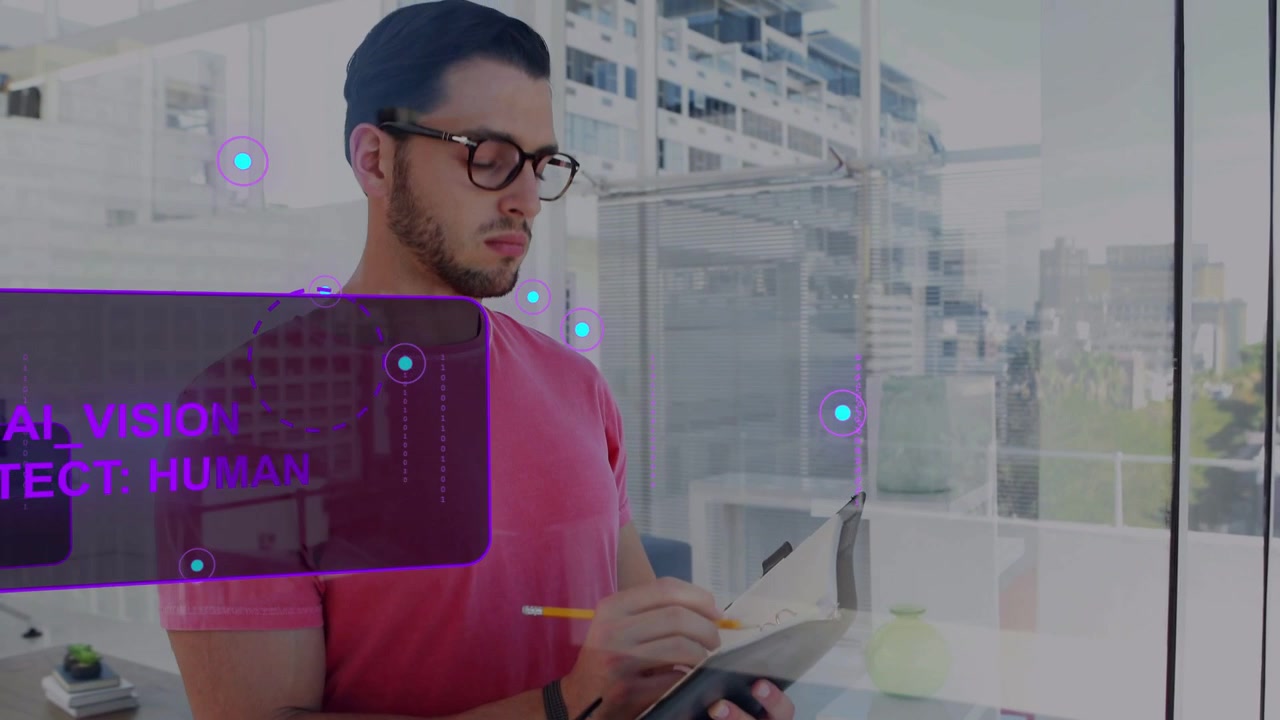 Purple AI overlay appearing, man holding tablet and writing as holographic nodes showing detection