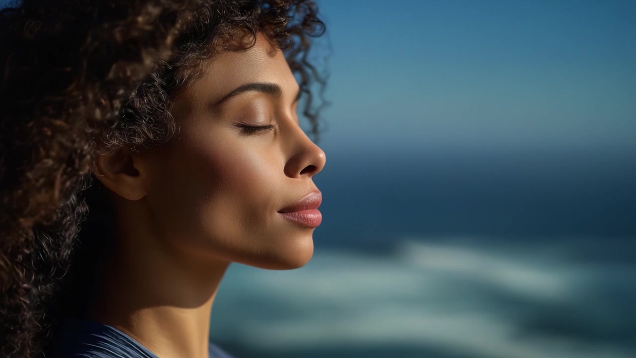 Un momento sereno in riva all'oceano: una donna con capelli ricci riflette calma e tranquillità contro uno splendido sfondo costiero in una morbida luce naturale.