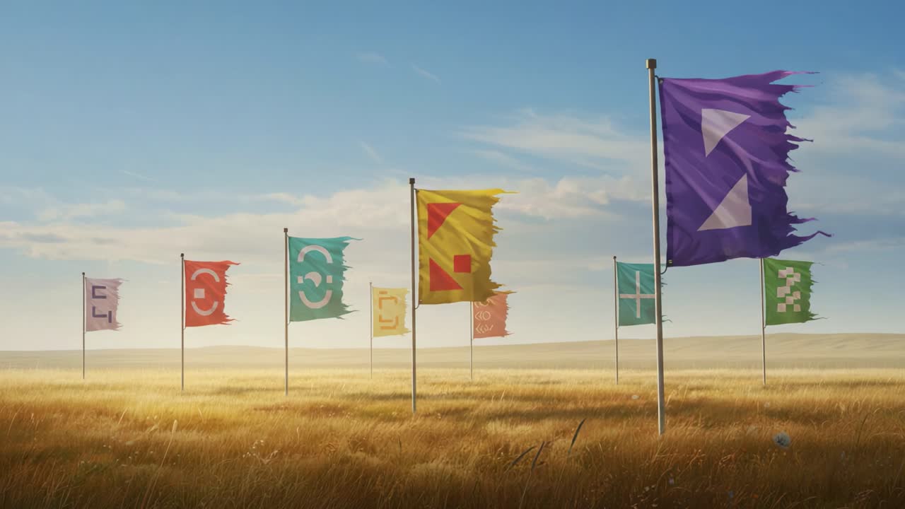 A Vibrant Display of Colorful Flags in a Serene Landscape, Symbolizing Identity and Unity in Nature, Set Against a Calm Sky and Golden Fields
