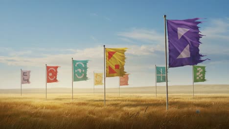 a vibrant display of colorful flags in a serene landscape, symbolizing identity and unity in nature, set against a calm sky and golden fields
