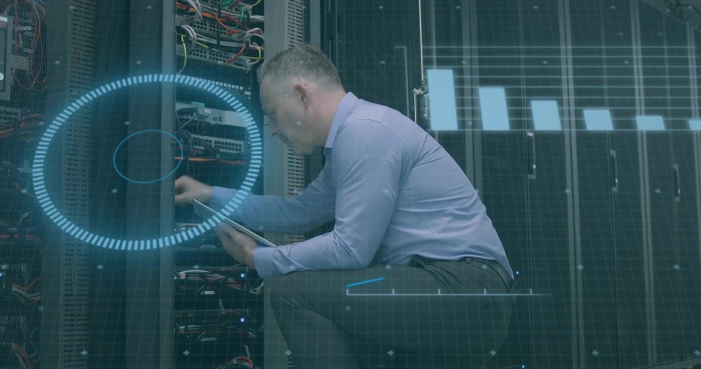 Animation of scope scanning and data processing over caucasian male it technician by computer server