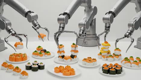 automated sushi creation: robotic arms skillfully assemble artistic sushi platters with precision and efficiency, showcasing the future of cuisine preparation