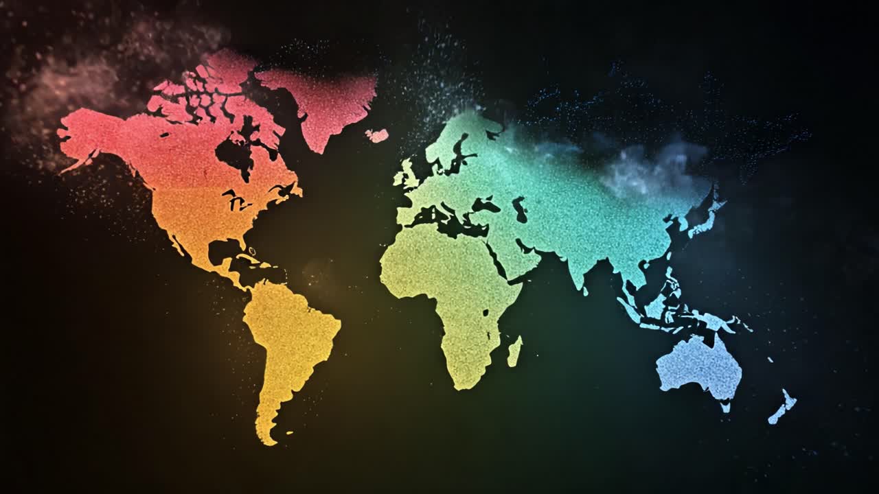 Abstract animation showing a vibrant world map made of glittery particles, slowly dissolving and dispersing into colorful smoke and dust against a completely dark and mysterious backdrop