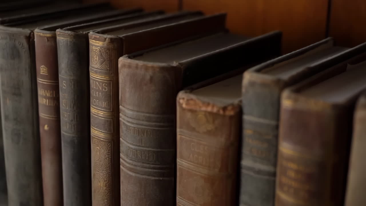 A close-up view of old, antique books lined up on a library shelf