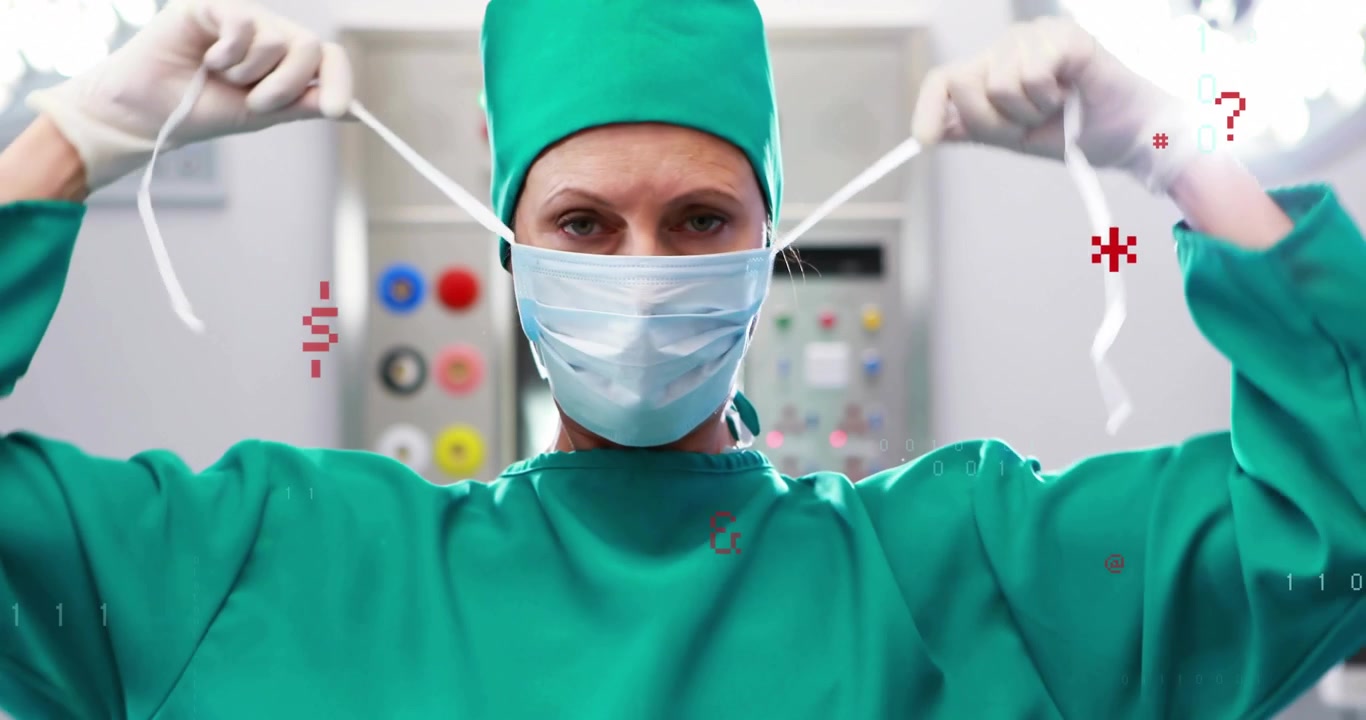 Chirurgo che inizia la preparazione medica sollevando la maschera e legando i lacci della cuffia, con simboli di codice fluttuanti.