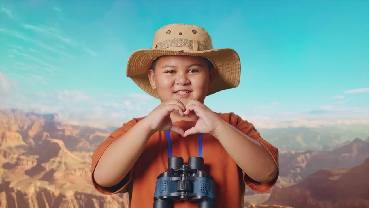 Asian Boy With A Hat And Binoculars Making Heart Shape Gesture While Traveling At The Top Of Mountain. Boy Researcher Examines Something, Travel Tourism Adventure Concept, Close Up