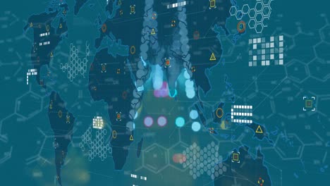 animation of data processing and world map over blue background