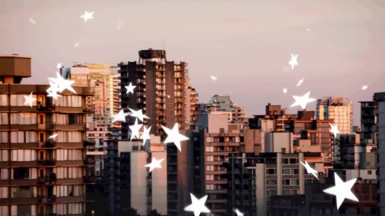 animación de estrellas blancas que caen sobre el paisaje urbano