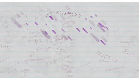 animación de rastros de luz púrpura sobre ecuaciones matemáticas en un fondo de papel con regla