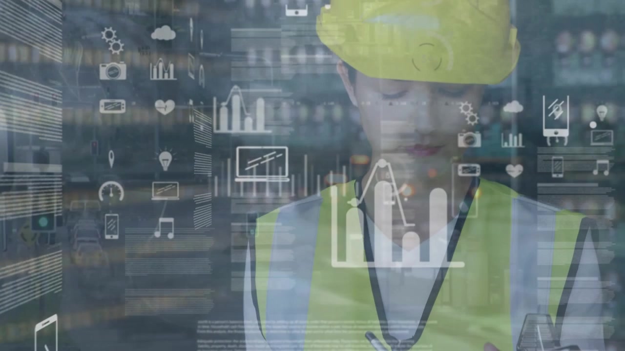 Animation af databehandling over en kvindelig ingeniør, der skriver på en udklipsblok med bytrafik i baggrunden.
