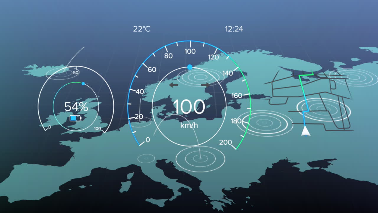 검은 바탕의 세계 지도 위의 자동차 인터페이스의 애니메이션