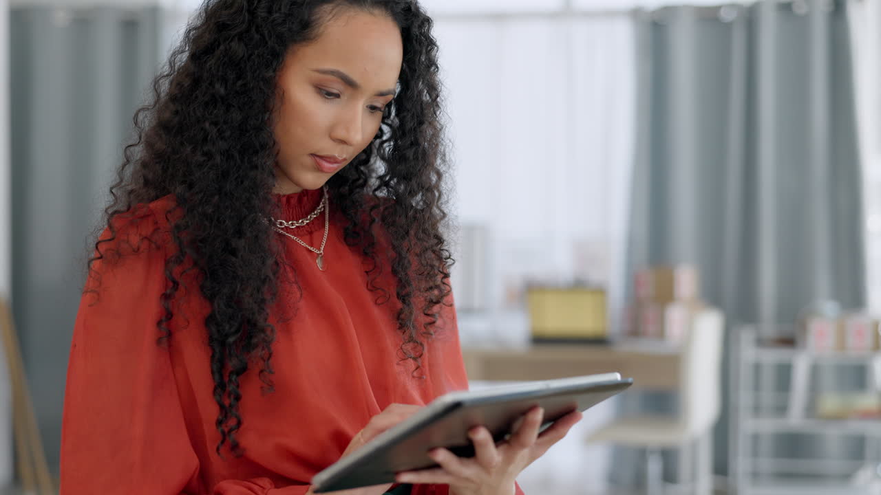 Black woman, tablet and planning in fashion