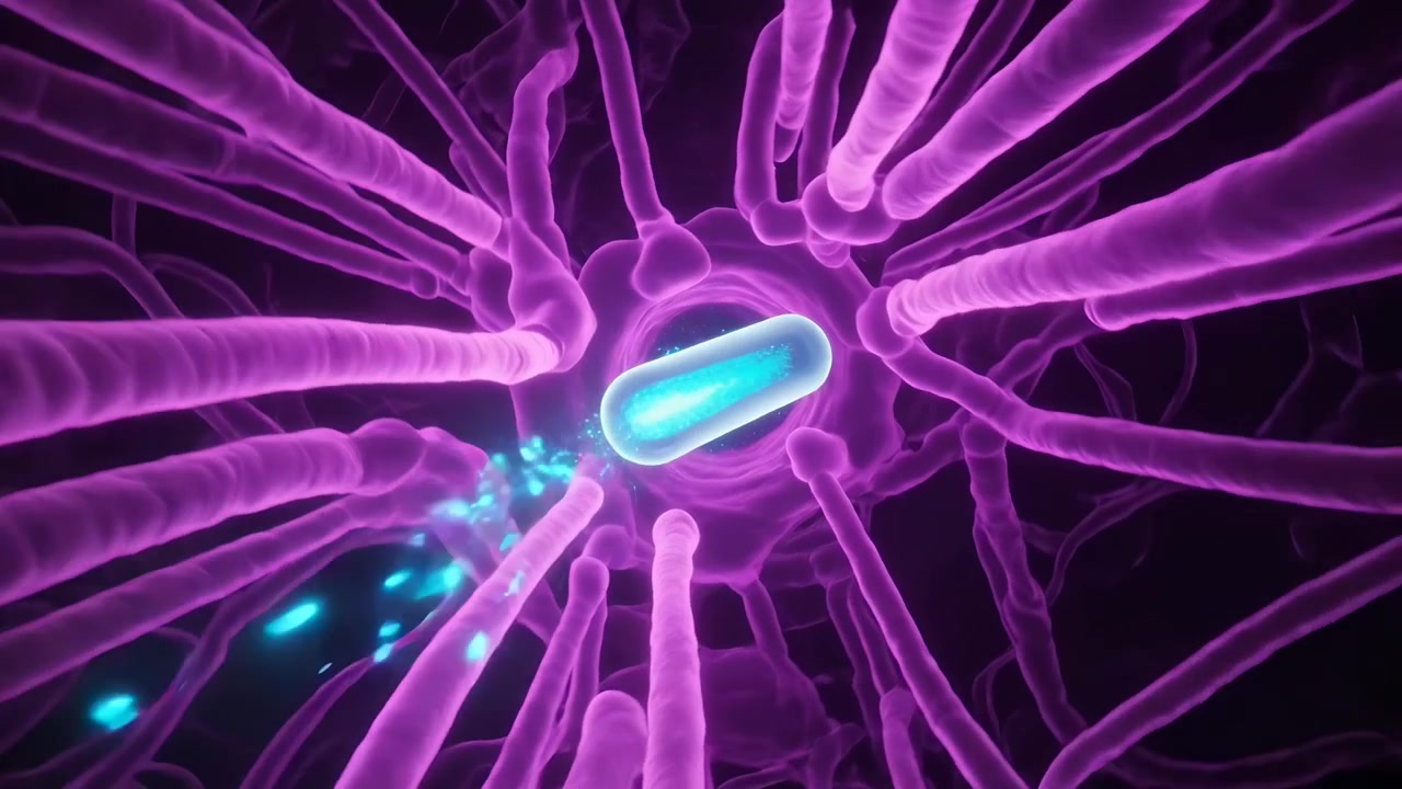 Gliding teal capsule tilting, moving toward central node in purple mesh, emitting cyan particles