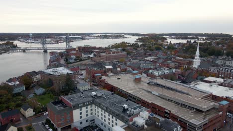 aerial view overlooking the city center of portsmouth, new hampshire, usa - pan, drone shot