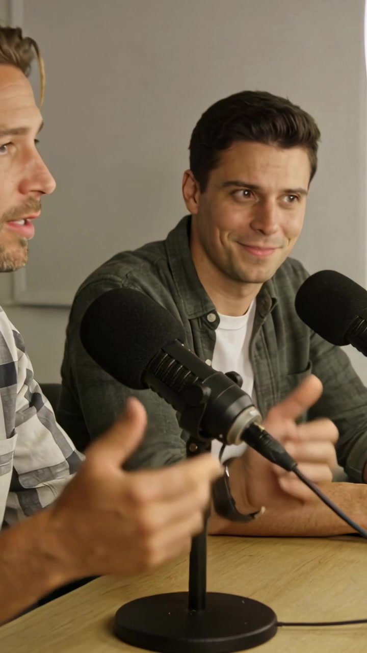 Video verticale: Podcast in avvio, sinistra spuntata, destra verde, che gesticola e sorride in studio, microfoni
