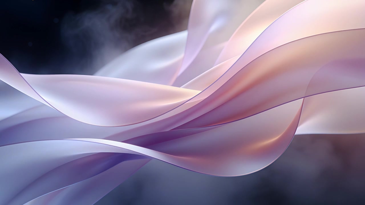 Nastri velati stratificati fluttuanti ondeggiano mentre l'animazione inizia su una nebbia scura, catturando i punti luce.