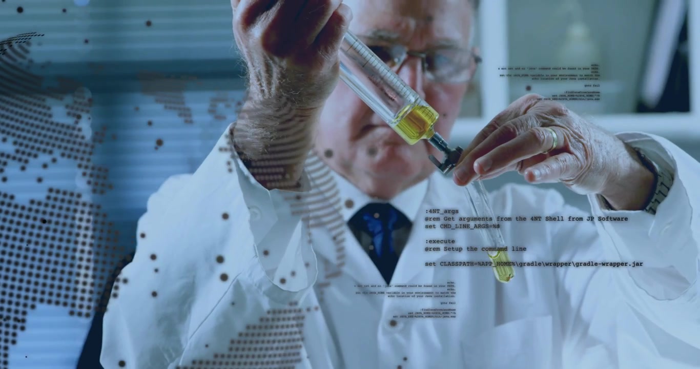 Scienziato che preleva con una pipetta un reagente giallo al banco di laboratorio per precisione, con una sovrapposizione di mappa pulsante.