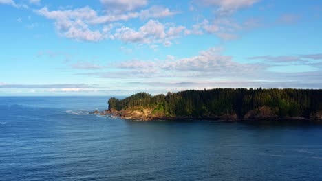impresionante toma aérea de drones en ascenso de la hermosa tercera playa en forks, washington con un bosque o grandes pinos verdes en los acantilados en una cálida y soleada mañana de verano con nubes
