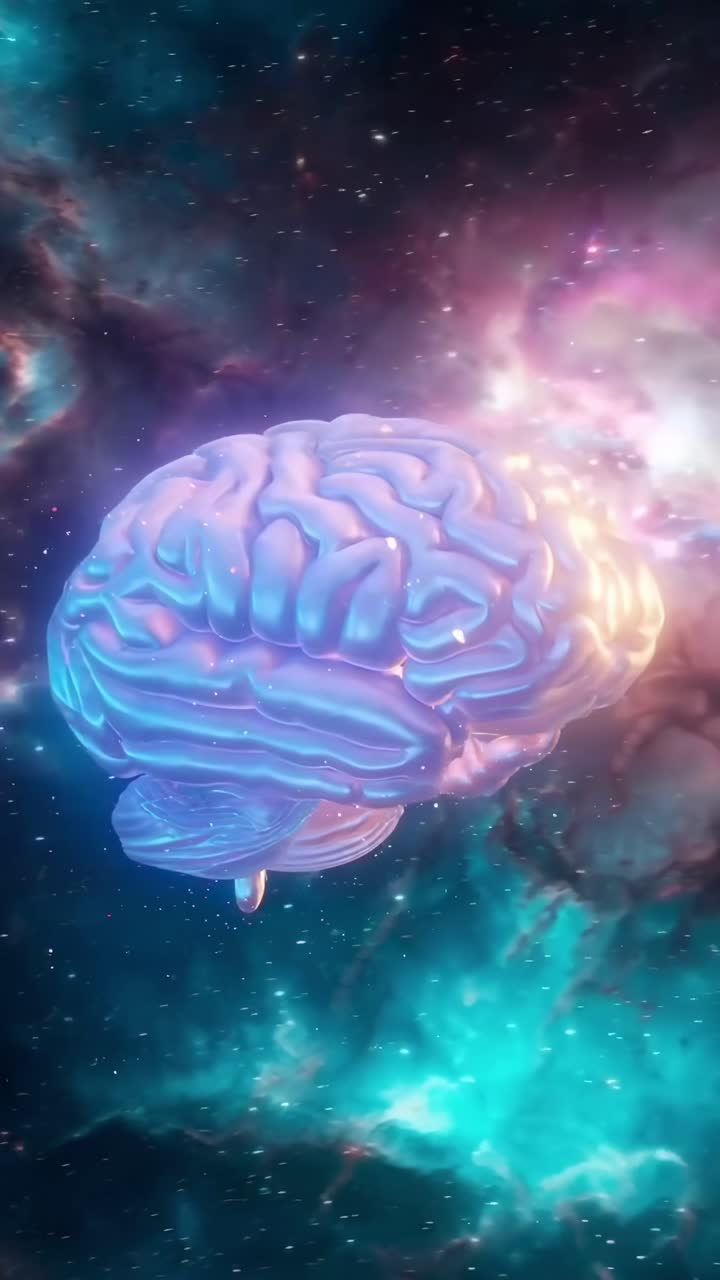 Vídeo surrealista de un cerebro brillante flotando en el espacio, captado desde un ángulo lateral