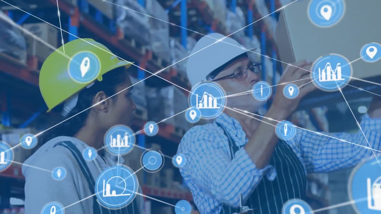 창고의 다양한 사람들에 대한 아이콘과 연결 네트워크의 애니메이션