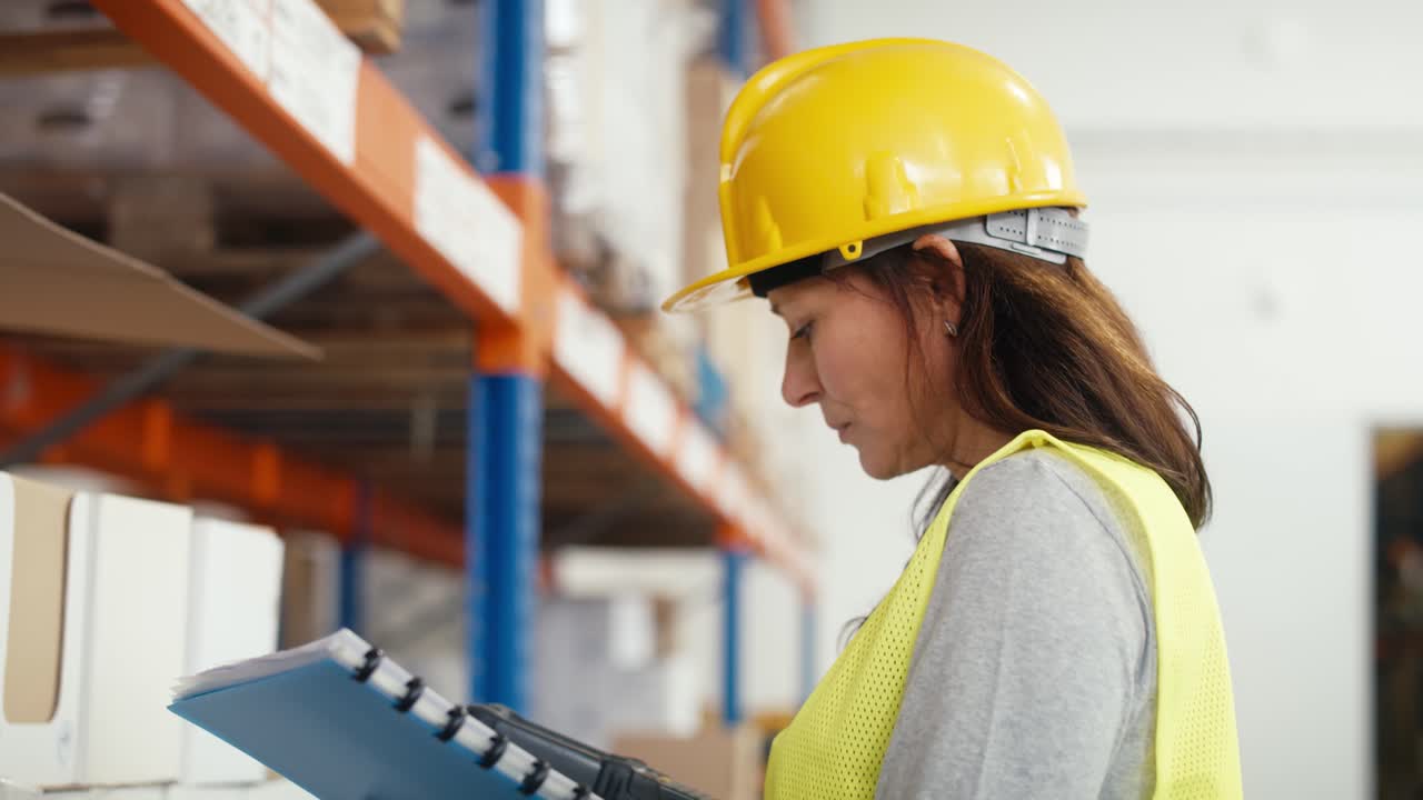 Adult caucasian woman working in warehouse