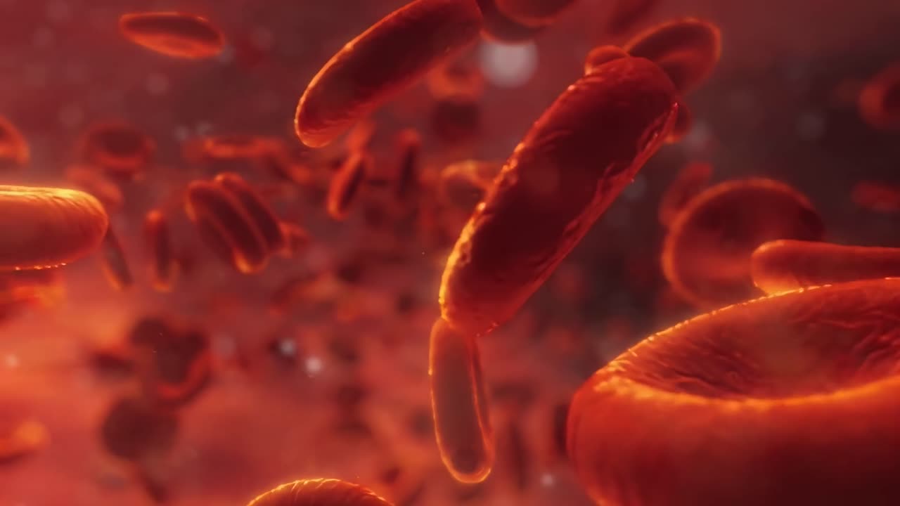 Close-up video of red blood cells in motion, captured from a dynamic, immersive angle