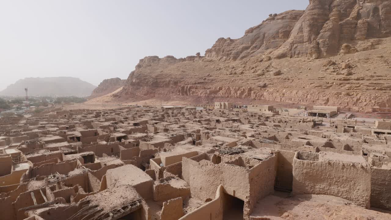 Aerial view of the Old Town mud hut houses in the tourist area of Al Ula, Saudi Arabia