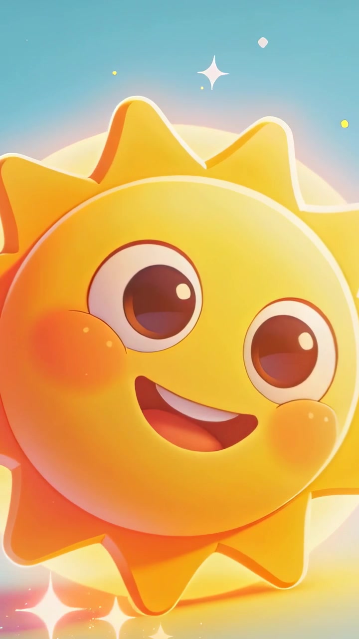 Vertikal video: Smilende sol bevæger sig mod midten på blå himmel ved start, viser glorie og hjerter for at opmuntre
