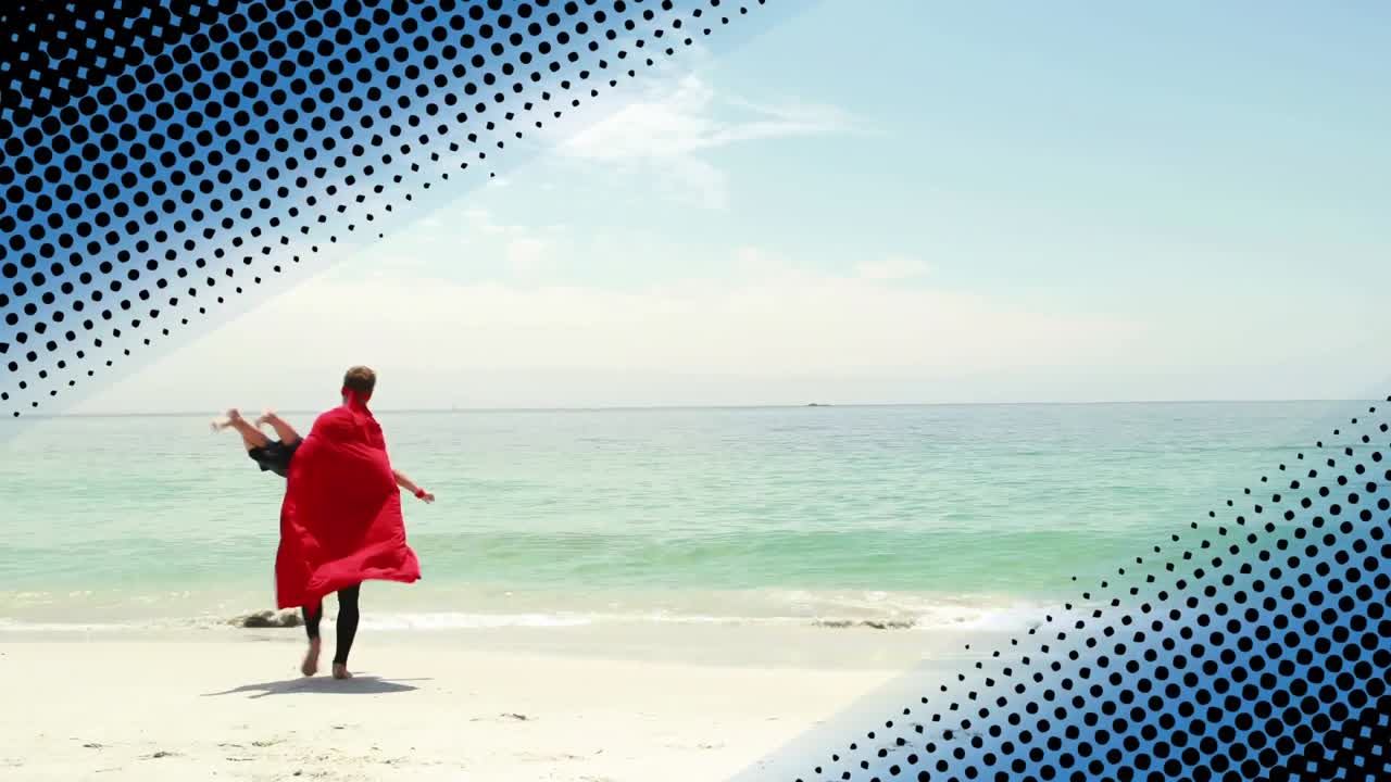 부모 와 함께 해변 에서 슈퍼 히어로 로 놀고 있는 자녀