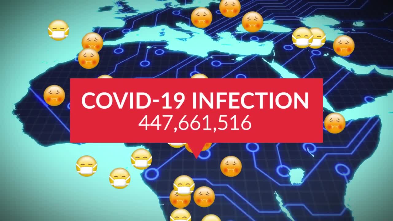 Animation of covid 19 data processing over multiple sick emojis with face masks