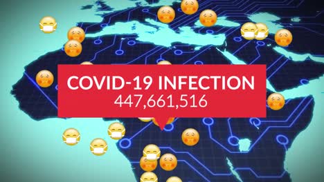 animation of covid 19 data processing over multiple sick emojis with face masks