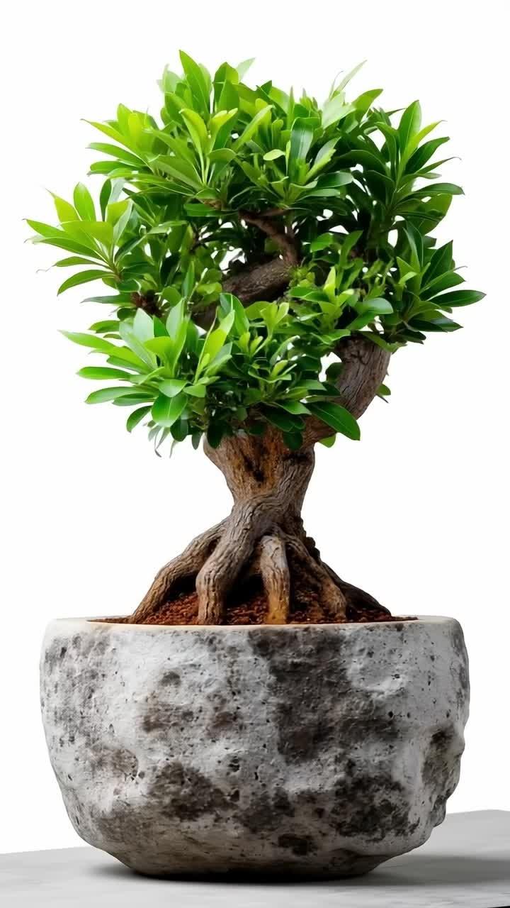 A bonsai tree in a concrete pot on a white surface