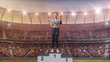 full body of asian woman with a gold medal holding a gold trophy in her hands, smiling, and pointing to side at the stadium