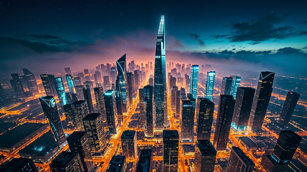 Paisagem urbana noturna futurista com arranha-céus iluminados